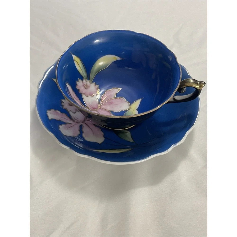 Vintage Sealy China Made In Japan Teacup & Saucer Hand Painted Blue, Pink Orchid